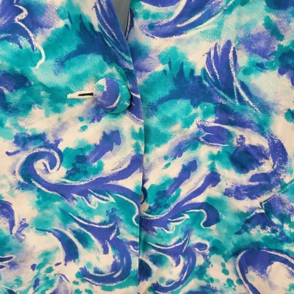 Vintage 80's Blazer Silk Duster Single Breasted Button‎ Longline Blue Swirl 6